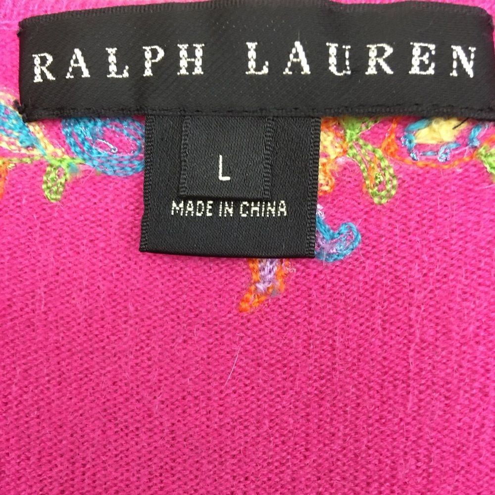 Ralph Lauren Black Lable 100% Cashmere V Neck Paisley Embroidered Sweater Pink L - Picture 11 of 13